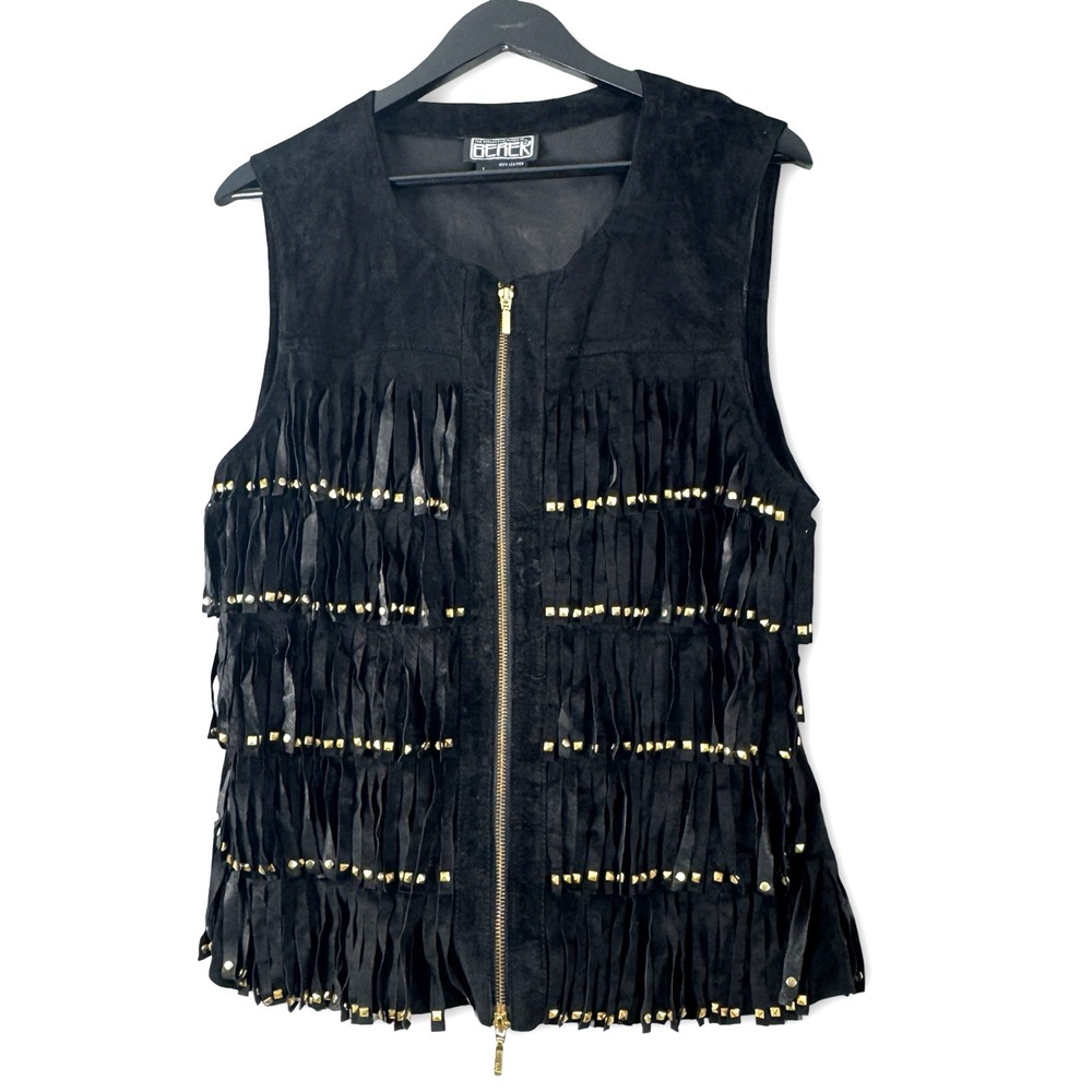 Berek Womens Leather Fringe Studded Zip Vest Jacket Sz L
